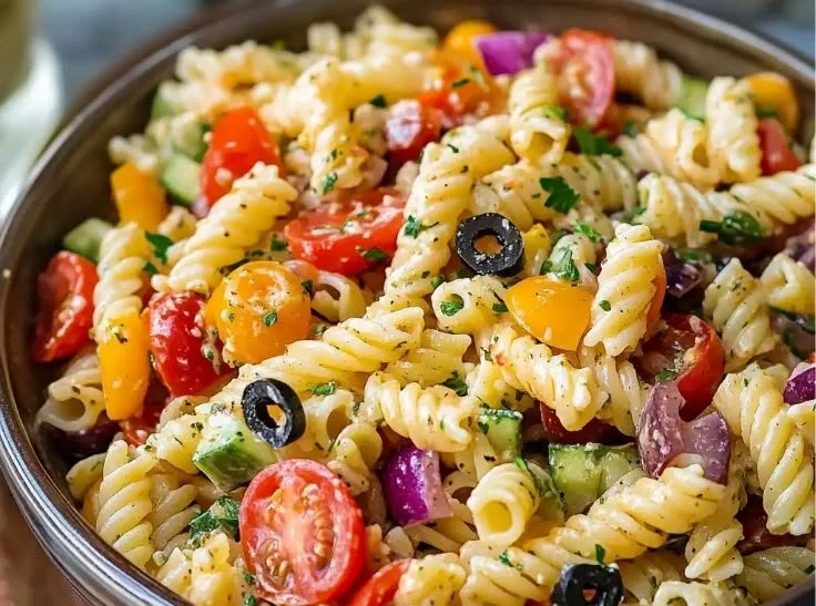 Colorful summer pasta salad with fresh vegetables and herbs