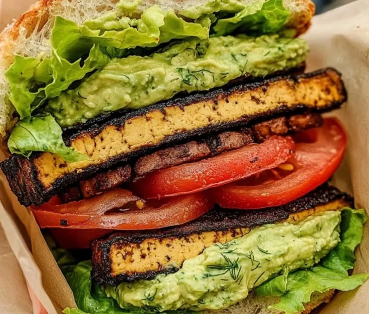 Delicious Summer Smoky Tofu Lettuce Tomato sandwich on a plate.