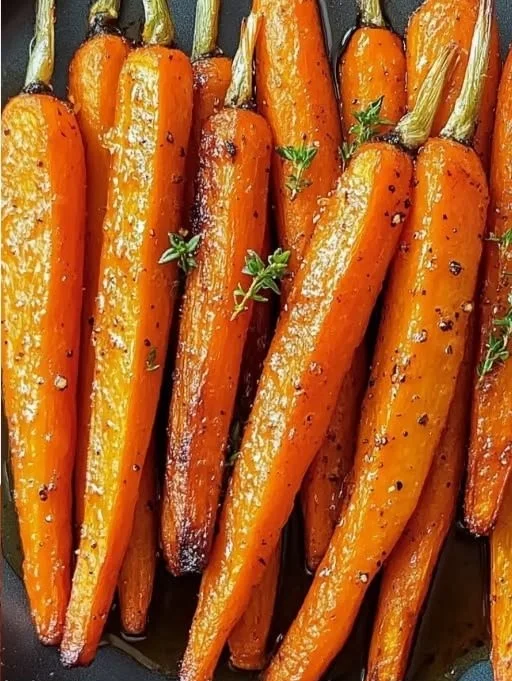 Plate of sweet and savory honey roasted carrots garnished with fresh herbs