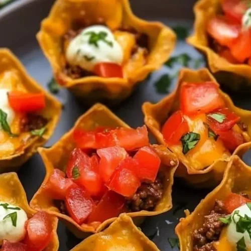Delicious Taco Cups ready to serve in mini tortilla shells.