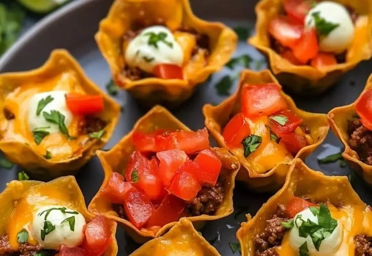 Delicious Taco Cups ready to serve in mini tortilla shells.