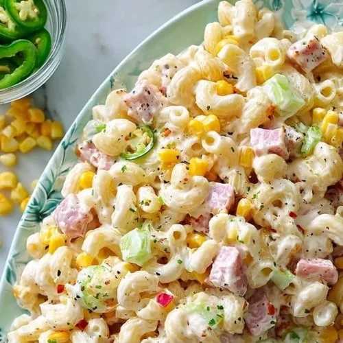 Colorful Mexican ham pasta salad with vegetables and dressing