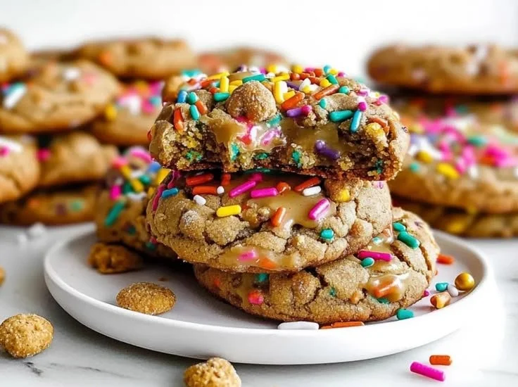 Teddy Graham Funfetti stuffed cookie butter cookies on a plate