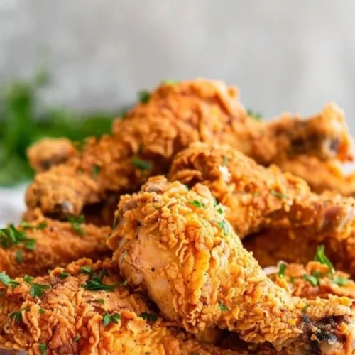 Plate of crispy buttermilk fried chicken garnished with herbs
