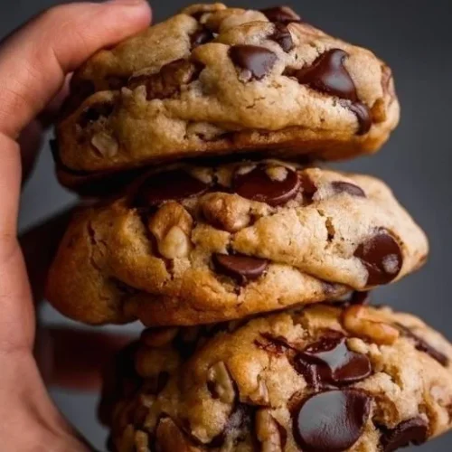 A delicious giant chocolate chip cookie fresh out of the oven