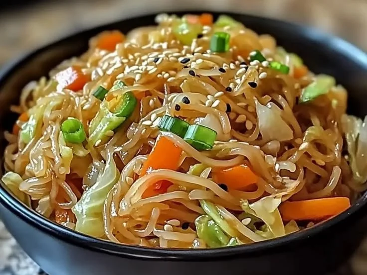 Vegetarian cabbage noodle stir-fry garnished with colorful vegetables