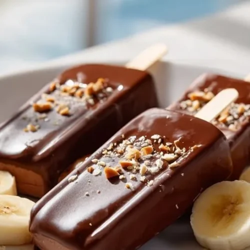 Delicious banana chocolate popsicles served in a bowl with fresh bananas.