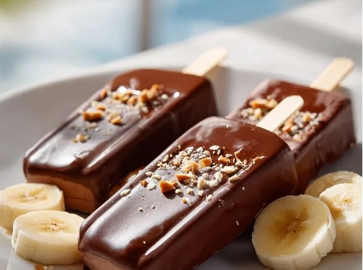 Delicious banana chocolate popsicles served in a bowl with fresh bananas.