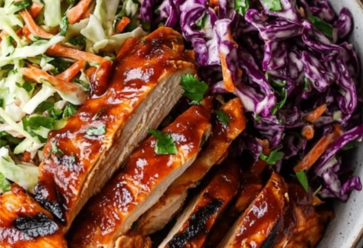 BBQ chicken bowls garnished with fresh coleslaw for a healthy meal