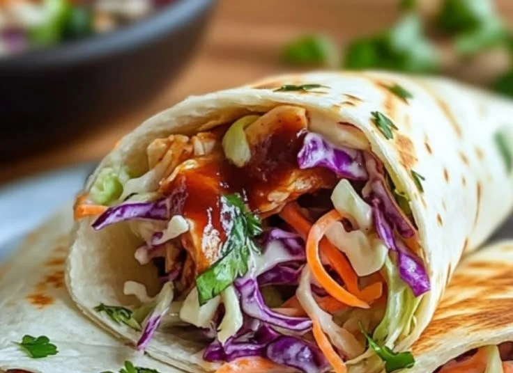 BBQ chicken wraps with fresh coleslaw in a tortilla