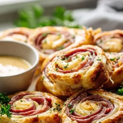 Beef Ham Cheese Pinwheels made with puff pastry on a platter.