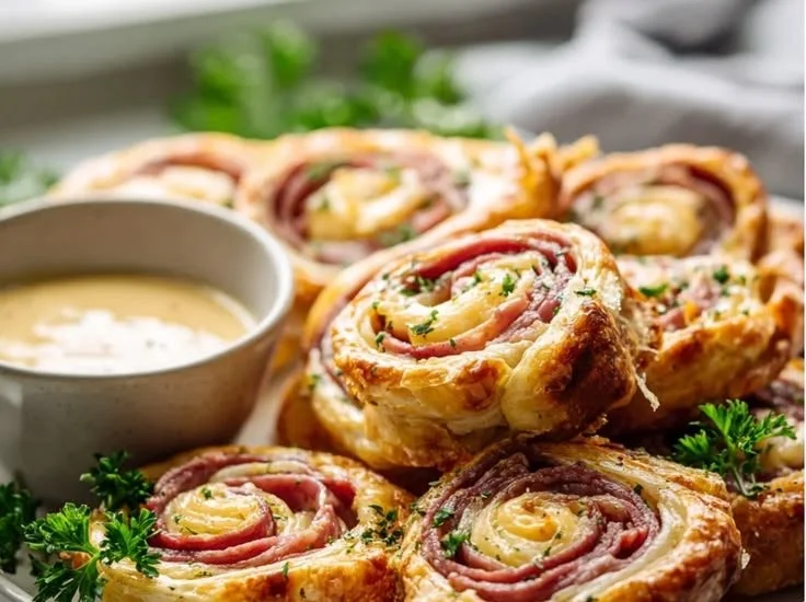 Beef Ham Cheese Pinwheels made with puff pastry on a platter.