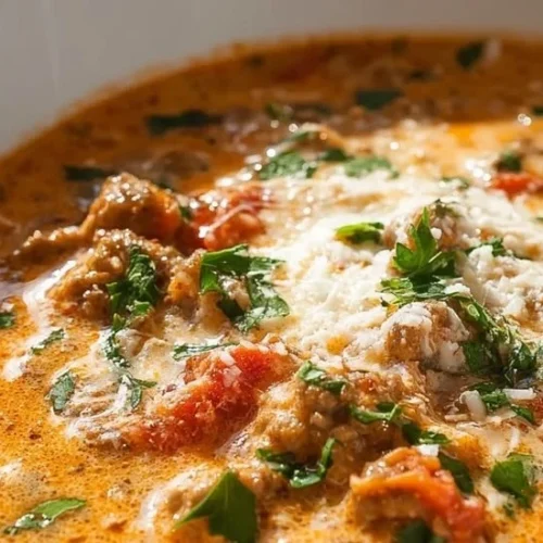 Bowl of beef sausage tomato soup, garnished with fresh herbs and vegetables.