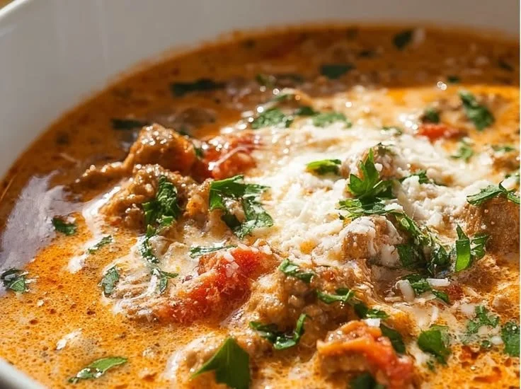 Bowl of beef sausage tomato soup, garnished with fresh herbs and vegetables.