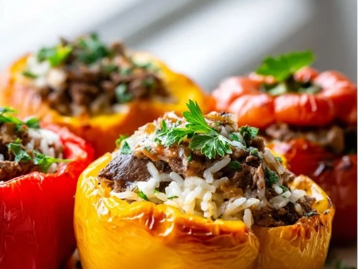 Beef tenderloin stuffed bell peppers ready to be served