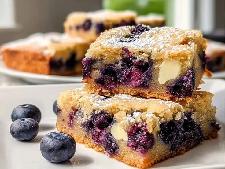 Delicious blueberry blondies served on a plate with fresh blueberries on top