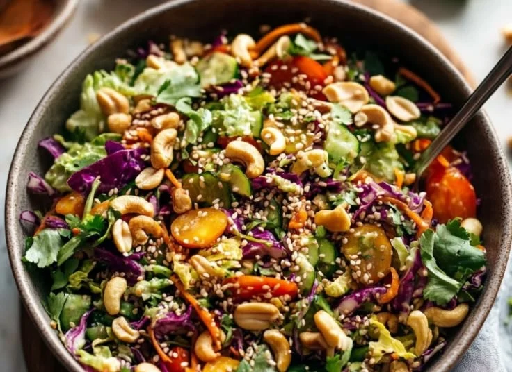 Cashew Crunch Salad with sesame dressing, featuring fresh vegetables and crunchy cashews.