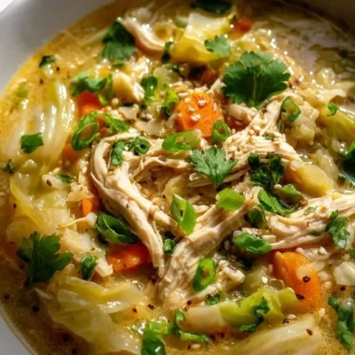 Bowl of Chicken Egg Roll Soup garnished with green onions and sesame seeds.