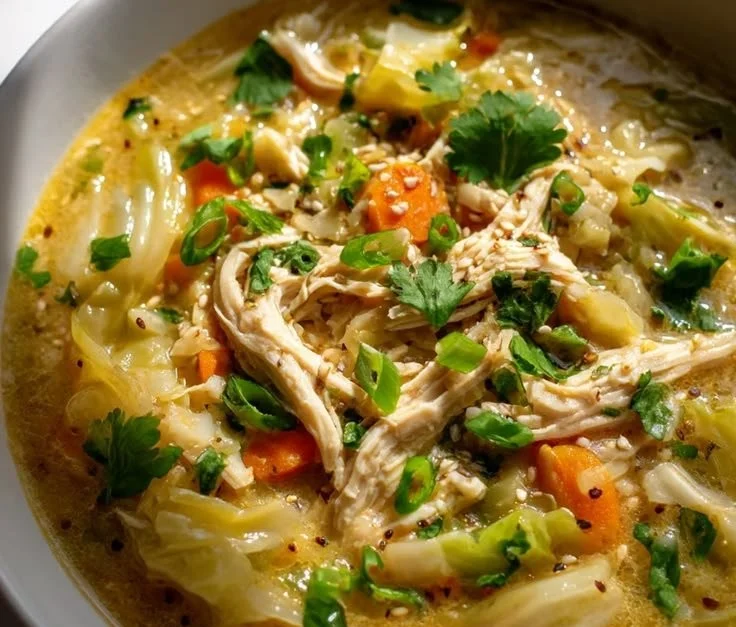 Bowl of Chicken Egg Roll Soup garnished with green onions and sesame seeds.