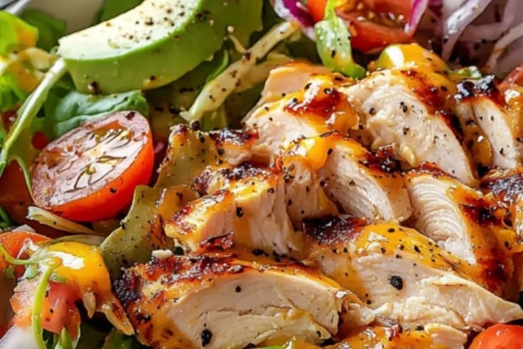 Delicious chicken salad served in a bowl with fresh vegetables
