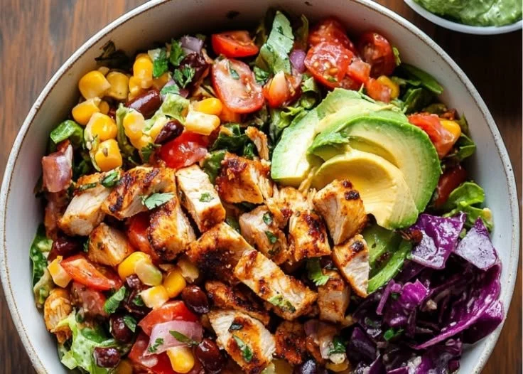 Fresh Chipotle Chicken Salad featuring grilled chicken, veggies, and tasty dressing.