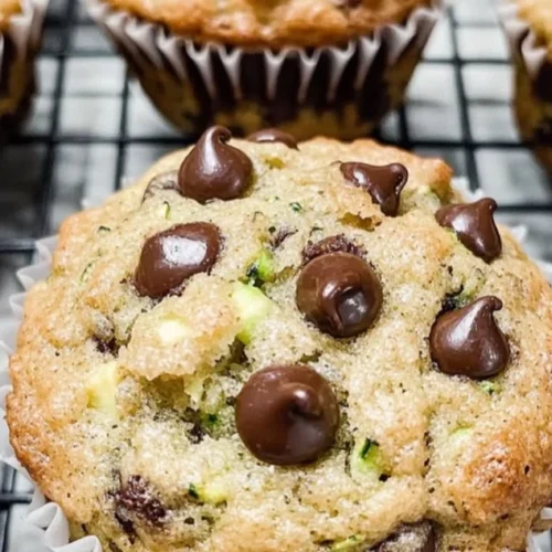 Freshly baked chocolate chip zucchini muffins on a cooling rack