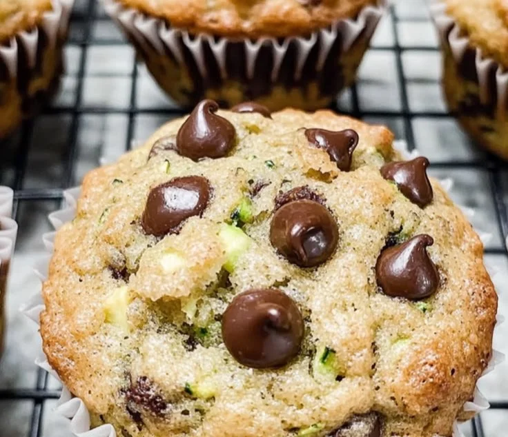 Freshly baked chocolate chip zucchini muffins on a cooling rack