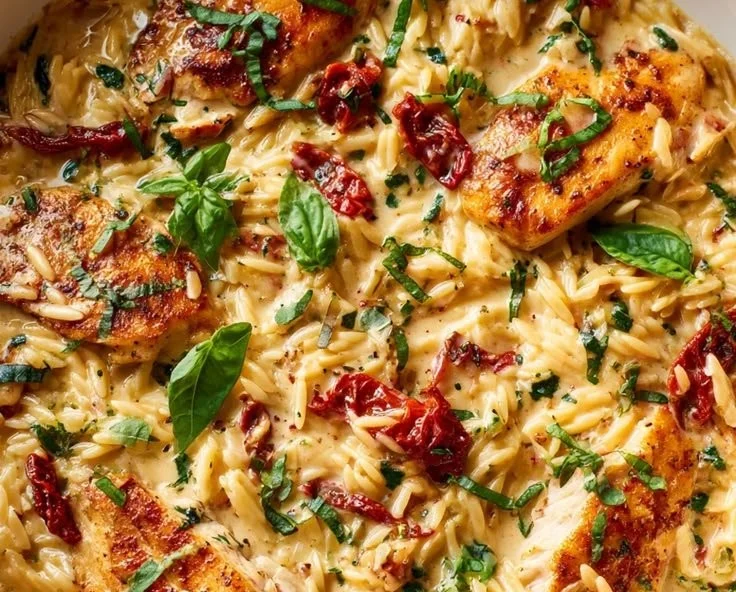 Creamy Beef Orzo Skillet with Sun-Dried Tomatoes for a flavorful dinner