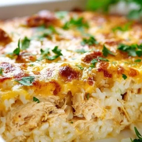 Creamy chicken rice casserole topped with herbs and served in a baking dish.