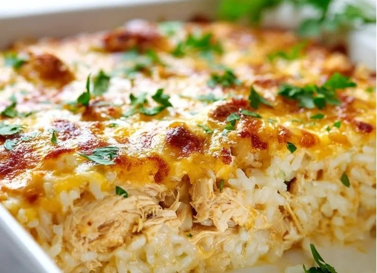 Creamy chicken rice casserole topped with herbs and served in a baking dish.