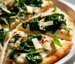 Creamy chickpea spinach flatbread pizza topped with fresh ingredients
