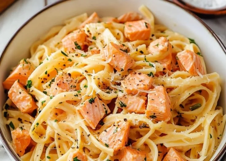 Delicious easy salmon pasta dish with herbs and lemon on a plate