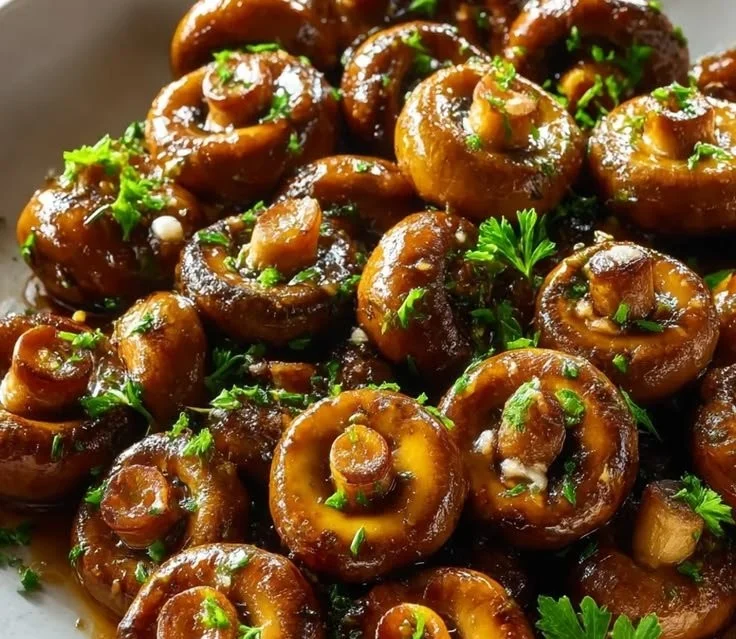 Delicious Garlic Butter Soy Glazed Mushrooms served in a bowl