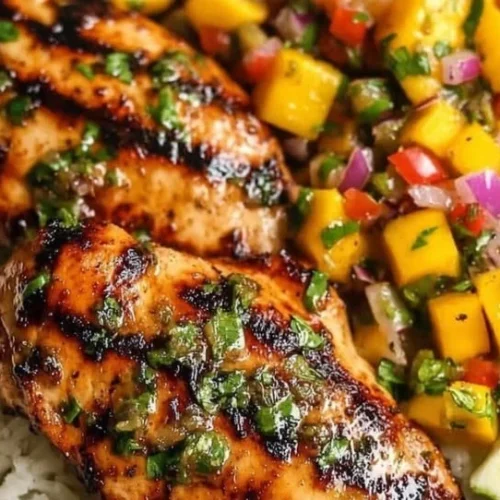 Plate of healthy Honey Lime Chicken served with vibrant mango salsa