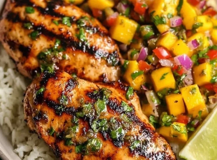 Plate of healthy Honey Lime Chicken served with vibrant mango salsa