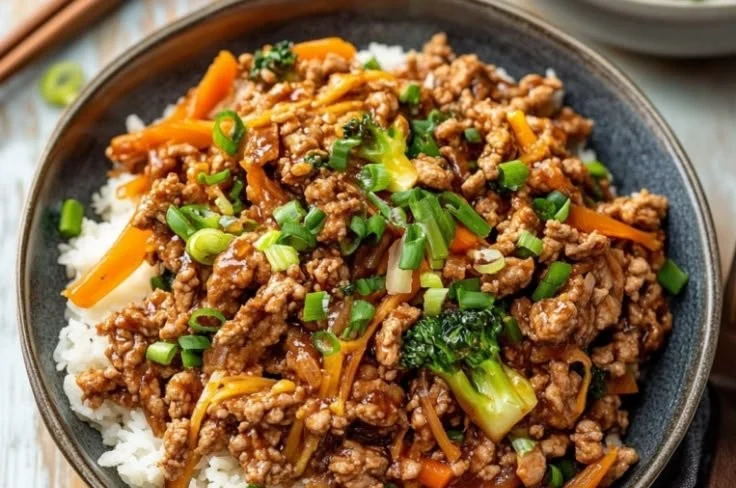 High-protein ground turkey teriyaki dish with vegetables and rice
