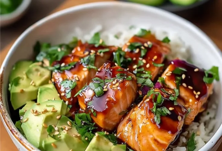 Delicious honey glazed salmon bowl topped with fresh vegetables and herbs.