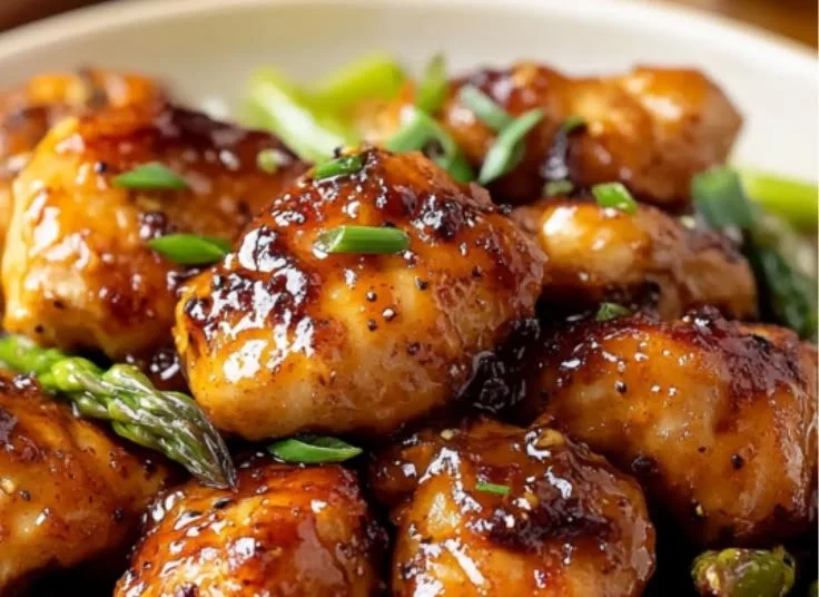 Juicy baked honey mustard chicken served with asparagus on a plate