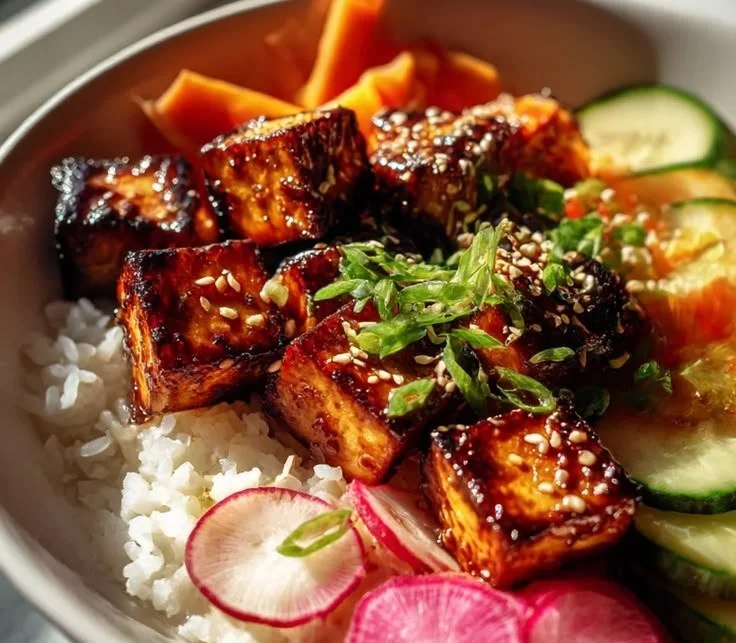Delicious Korean BBQ Tofu Rice Bowl with vibrant veggies and flavorful sauce.