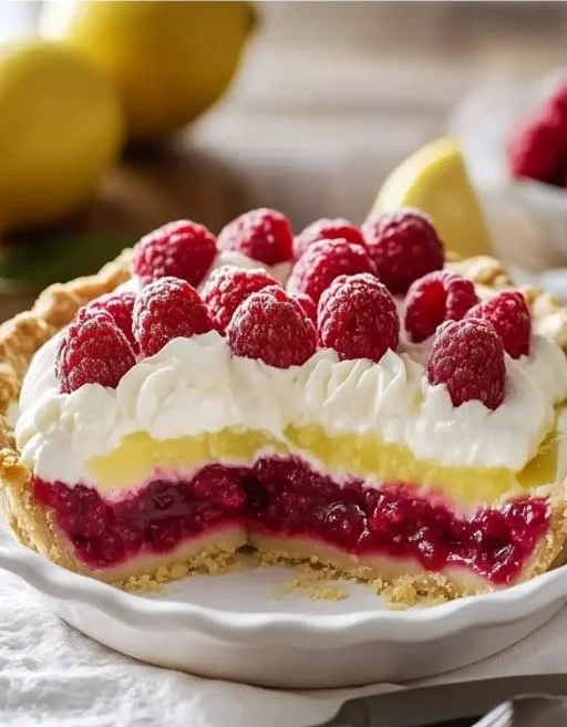 Lemon Raspberry Layered Pie showcasing vibrant layers of lemon and raspberry