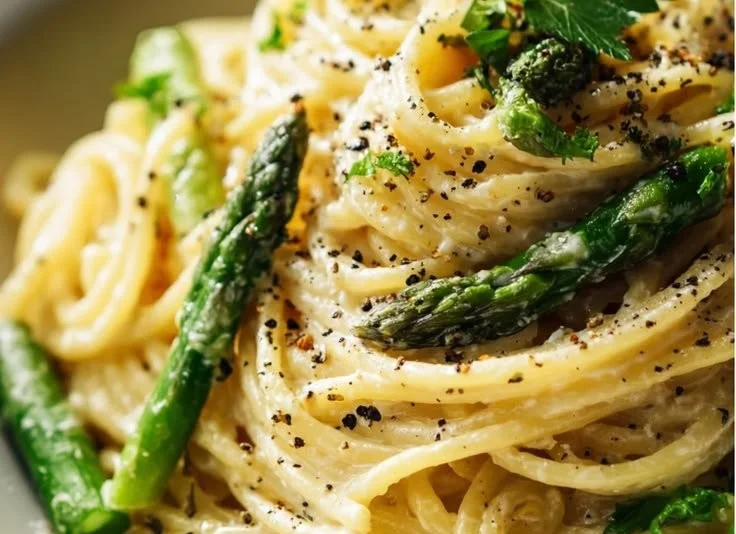 Lemon Ricotta Pasta with Asparagus topped with fresh herbs and lemon zest
