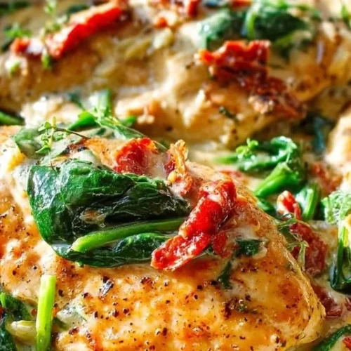 Creamy Tuscan chicken served on a plate with herbs and vegetables