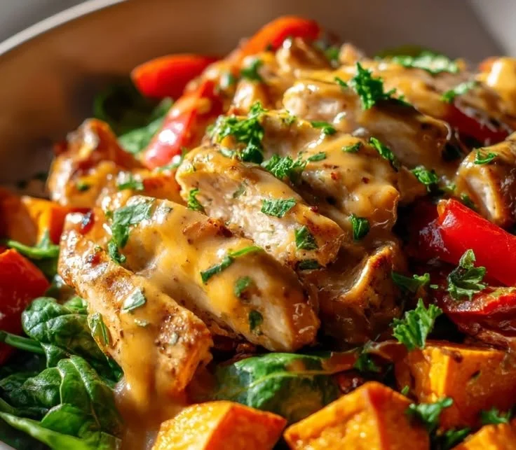 Maple Dijon Chicken served with roasted sweet potatoes