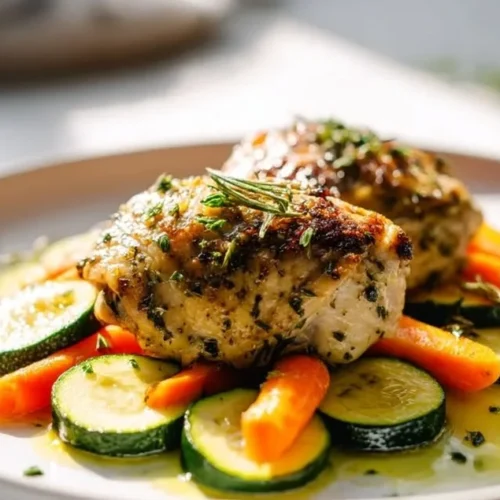 Plate of Mediterranean Herb Chicken with Carrots and Zucchini garnished with herbs