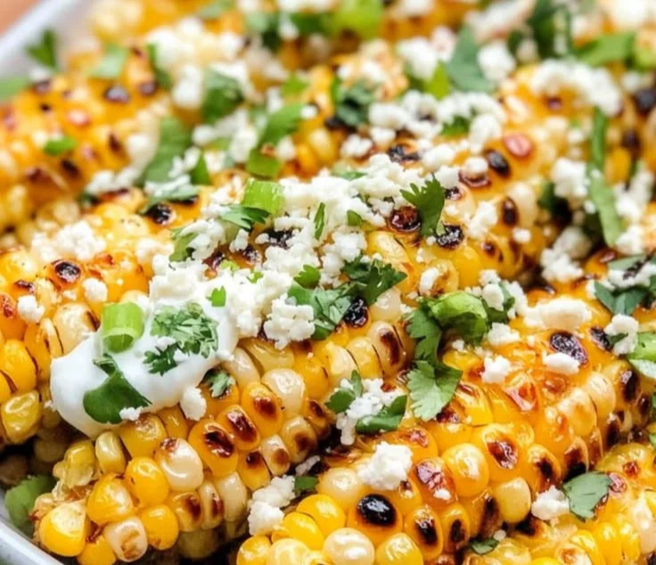 Delicious serving of Mexican Street Corn topped with cheese and spices