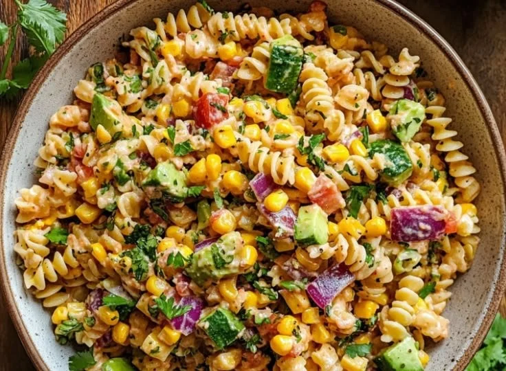 Delicious Mexican street corn pasta salad served in a vibrant bowl
