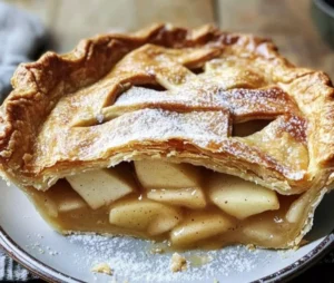 Homemade British apple pie with a flaky crust and golden apple filling