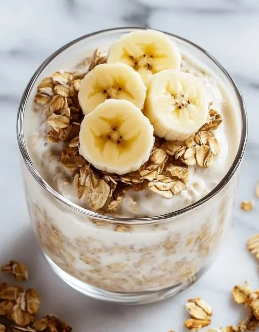 Delicious overnight oats with banana and yogurt served in a bowl