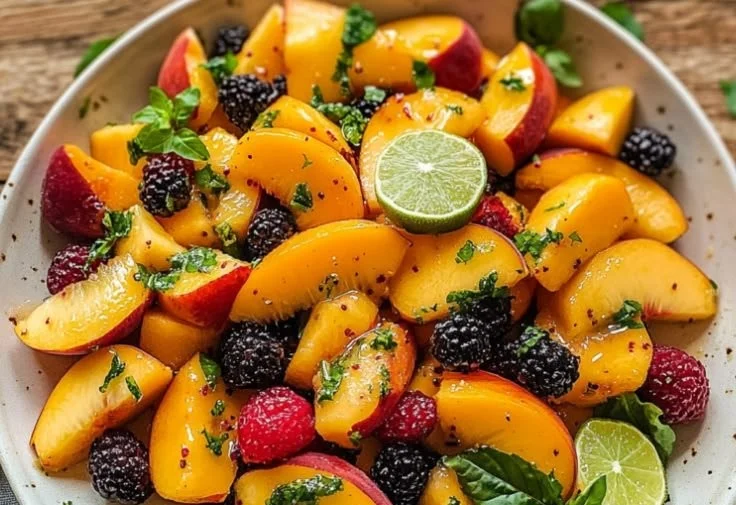 Peach Fruit Salad with Honey Lime Dressing