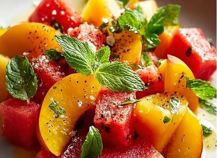 Refreshing Peach Watermelon Salad with vibrant summer fruits